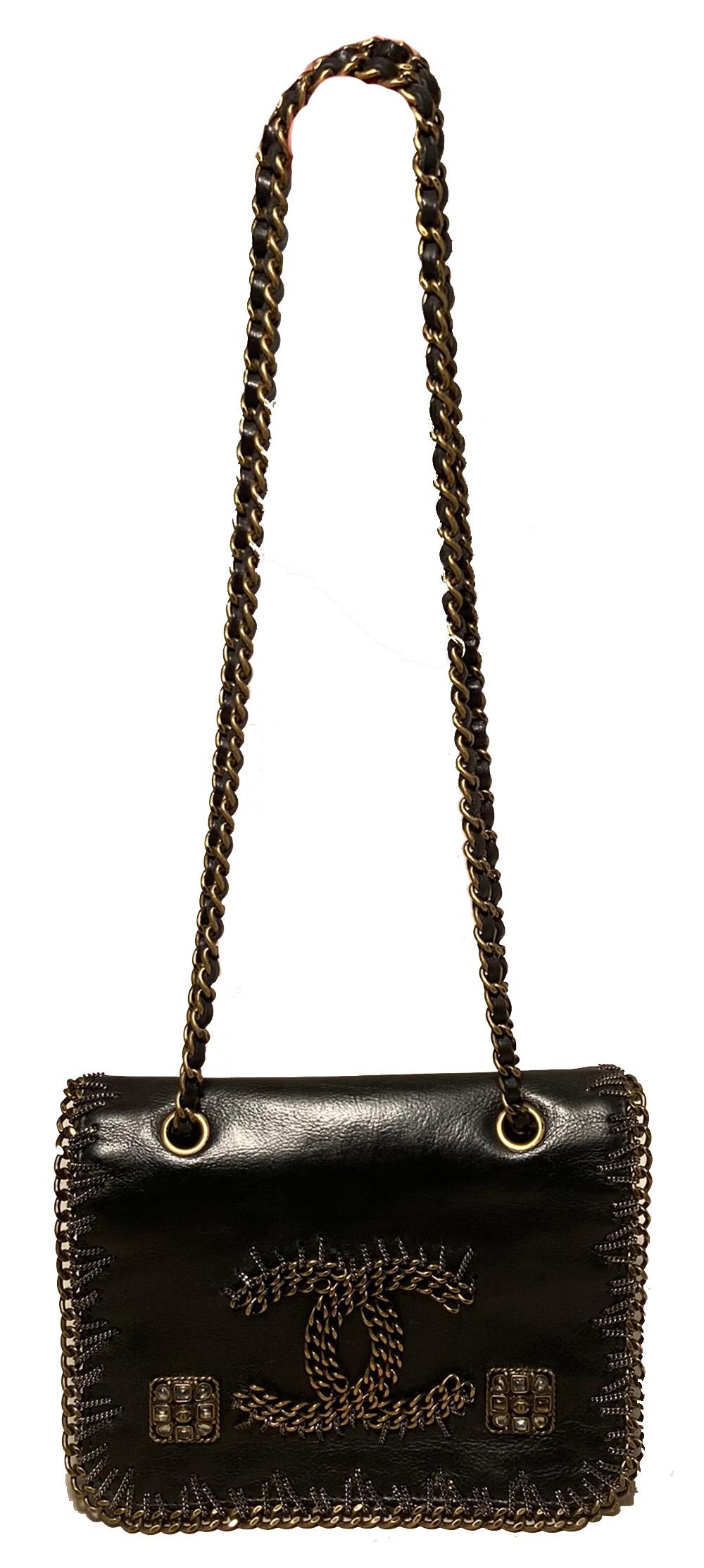 RARE Chanel Gripoix Beaded Black Leather Chain Trim Classic Flap Bag in excellent condition. Black leather exterior antiqued bronze and silver chain trim and CC logo with beautiful gripoix glass beaded square details along top flap. Magnetic snap