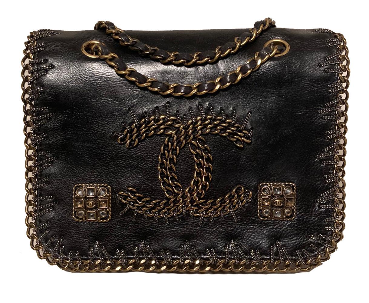 RARE Chanel Gripoix Beaded Black Leather Chain Trim Classic Flap Bag In Excellent Condition In Philadelphia, PA