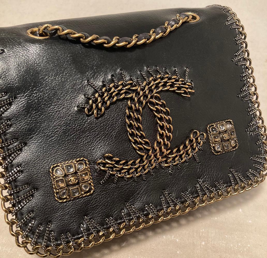 RARE Chanel Gripoix Beaded Black Leather Chain Trim Classic Flap Bag 3