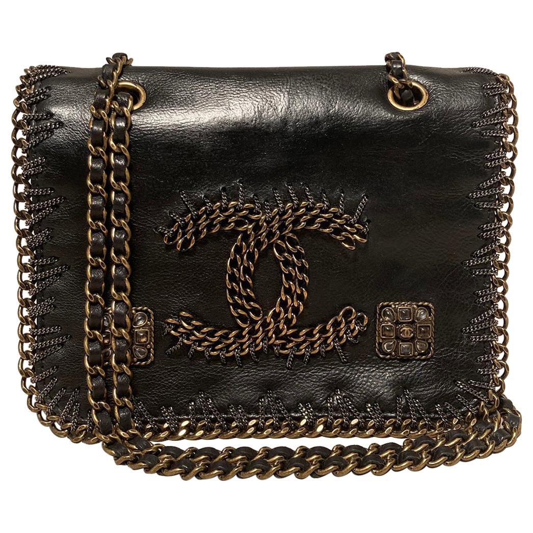 RARE Chanel Gripoix Beaded Black Leather Chain Trim Classic Flap Bag