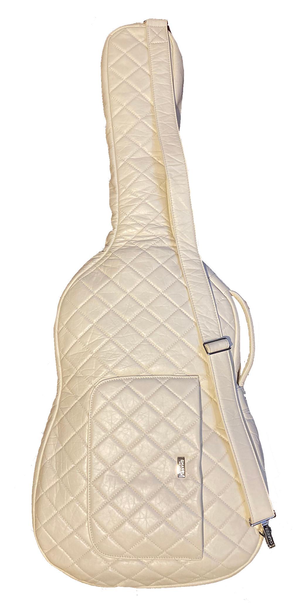 Rare Chanel white leather guitar case. excellent condition from spring 2009 runway show. cream quilted leather exterior with silver hardware and matching adjustable shoulder strap. front zip pouch pocket. Double zip closure opens to cream soft