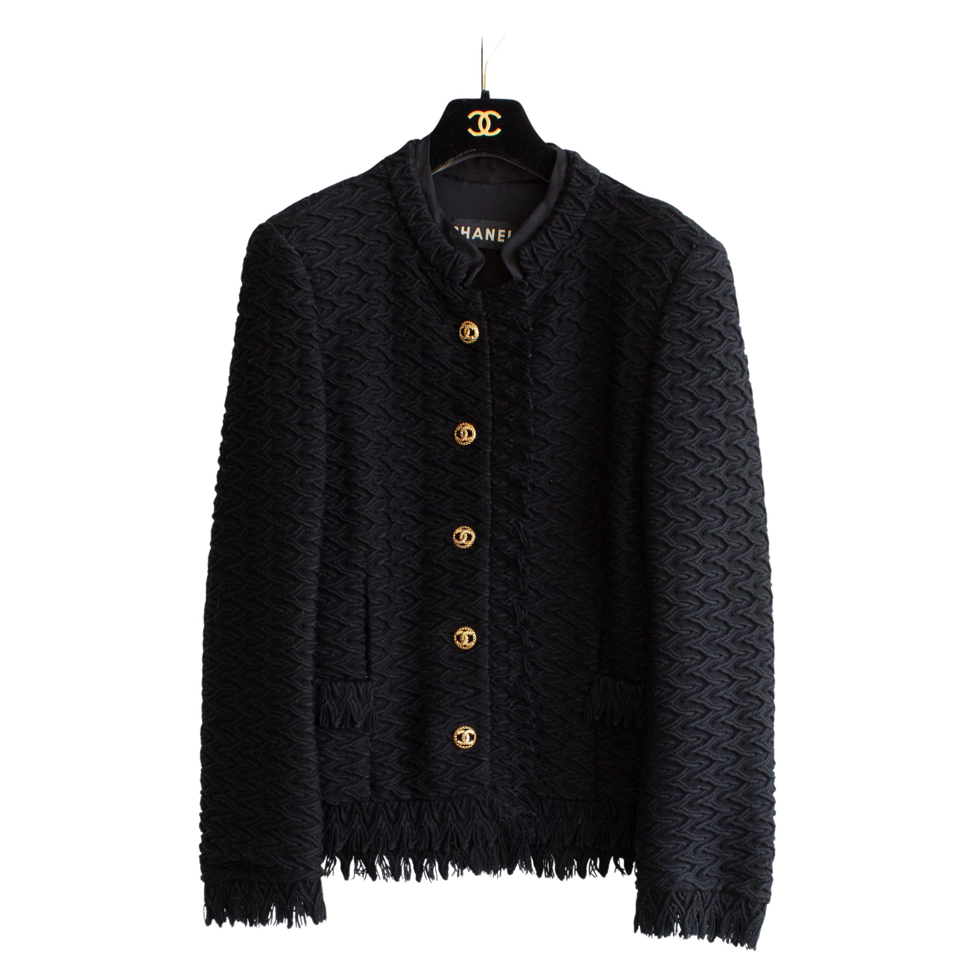 Rare Chanel Haute Couture F/W 1970 Jackie Black Gold CC Fringe LBJ Tweed Jacket For Sale