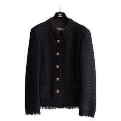 Rara giacca Chanel Haute Couture A/I 1970 Jackie Black Gold CC con frange LBJ Tweed