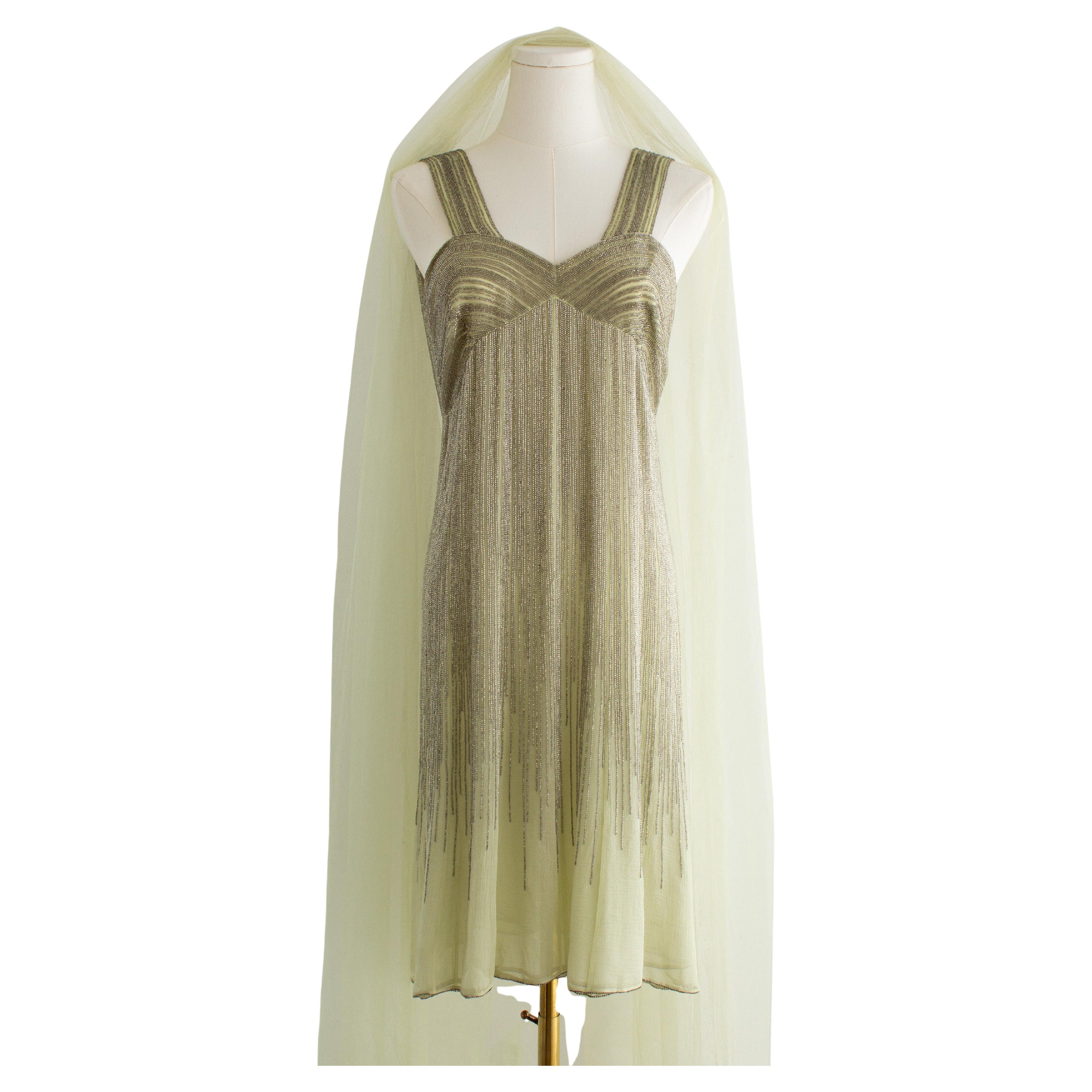 Rare Chanel Haute Couture F/W 1995 Green Bianchini Silk Lesage Beaded Dress en vente