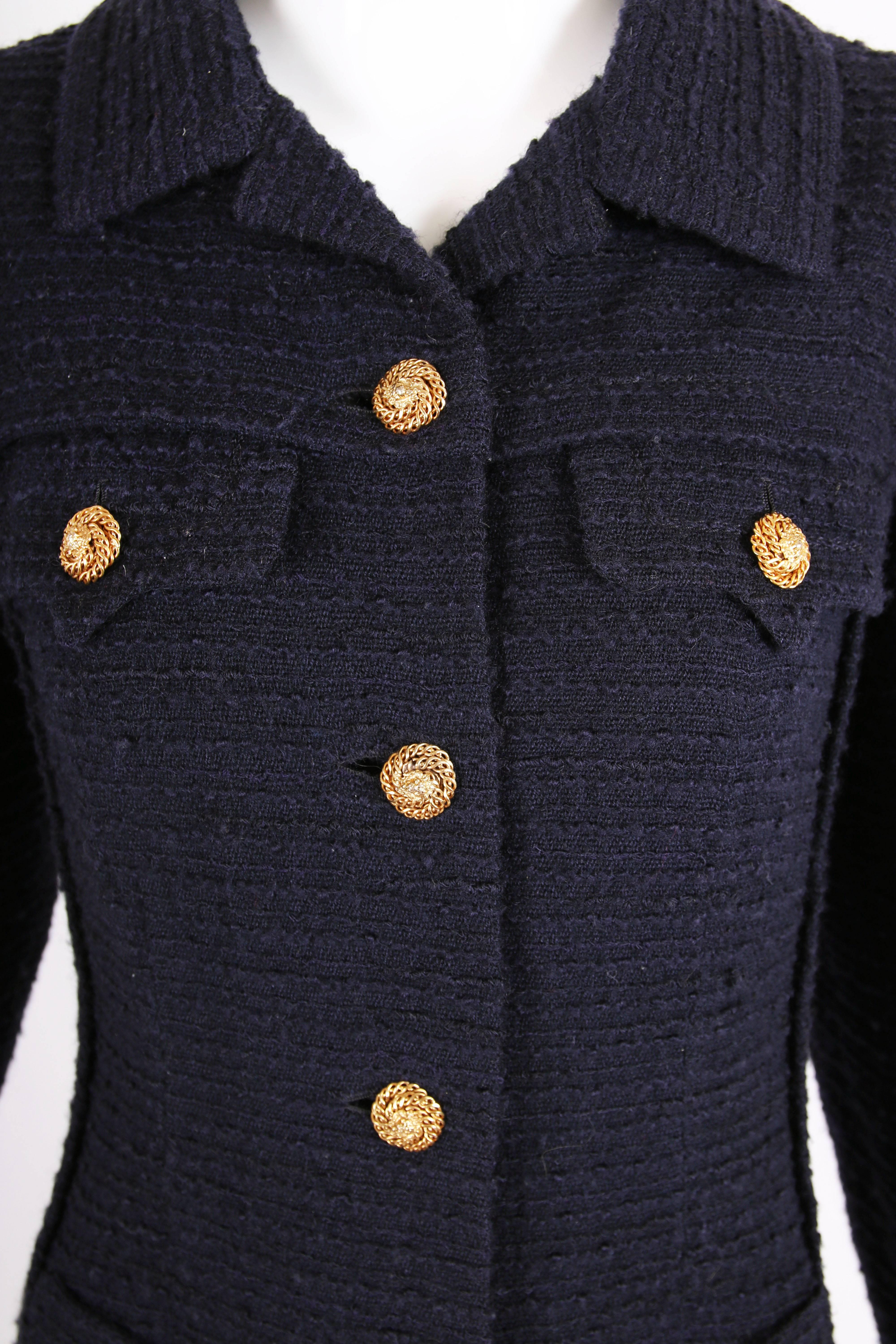 Black Rare Chanel Haute Couture Navy Boucle Wool Coat w/Lion Head Buttons No.55591
