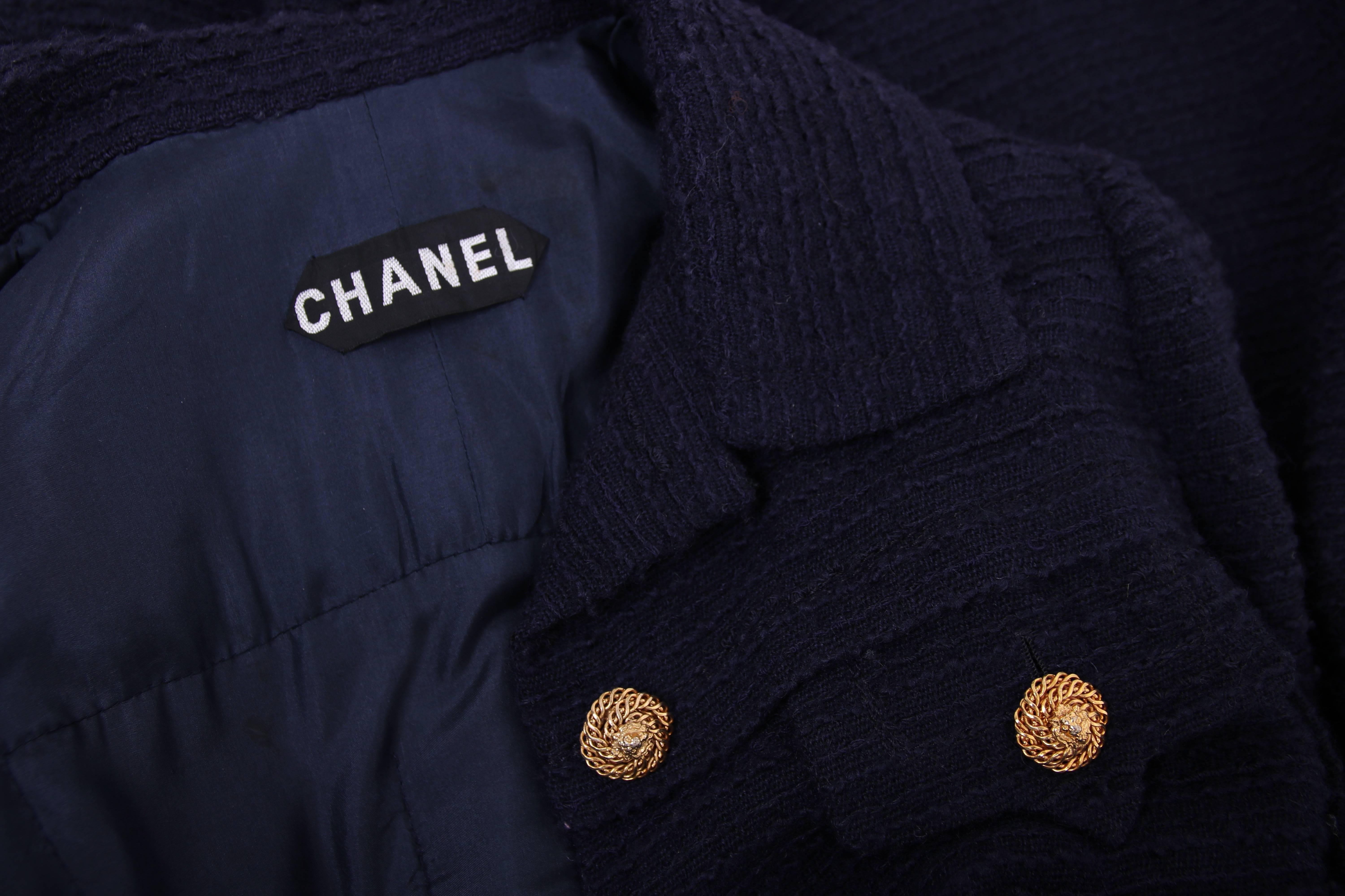 Rare Chanel Haute Couture Navy Boucle Wool Coat w/Lion Head Buttons No.55591 In Excellent Condition In Studio City, CA