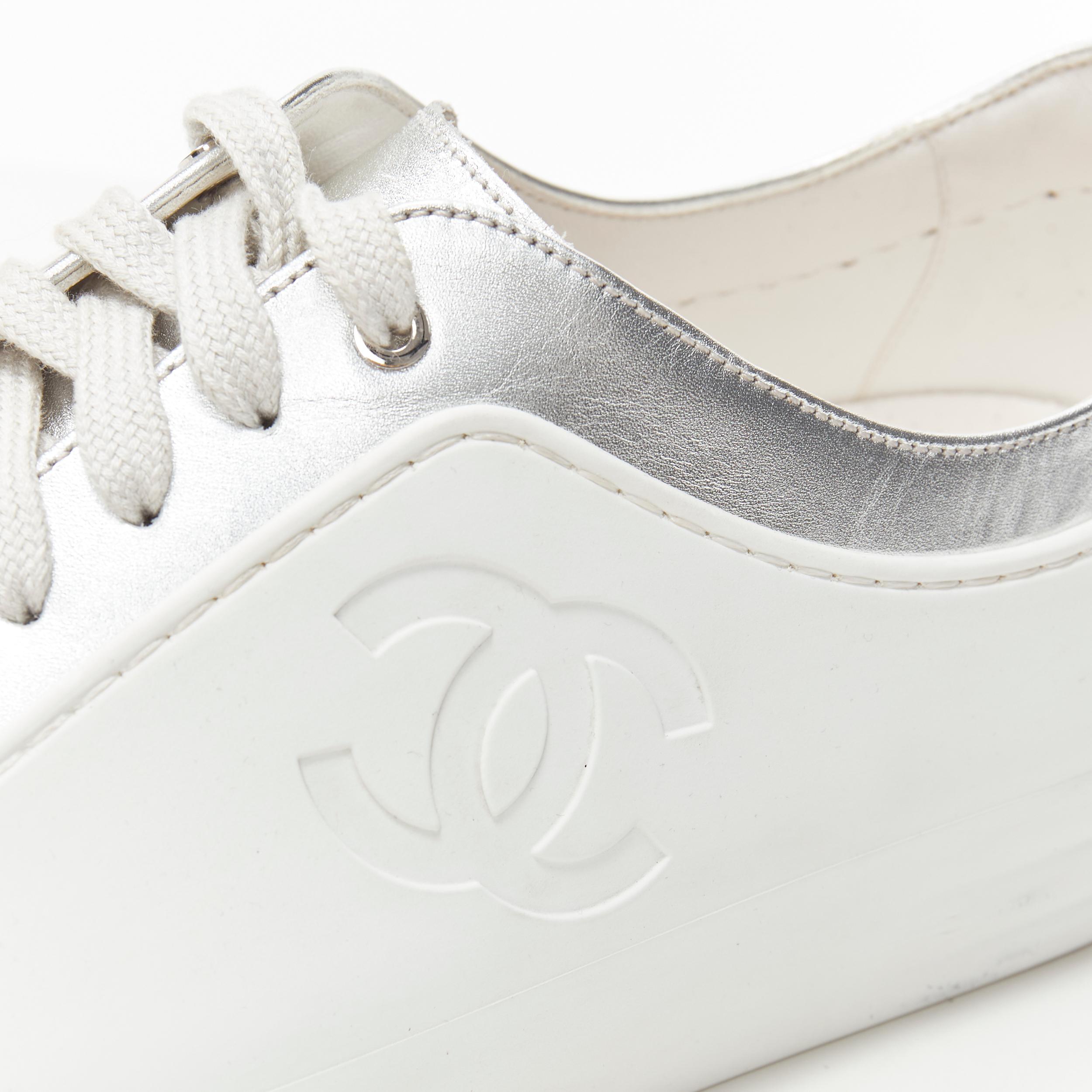 rare CHANEL interlocking CC white rubber metallic silver low top sneaker EU43 1