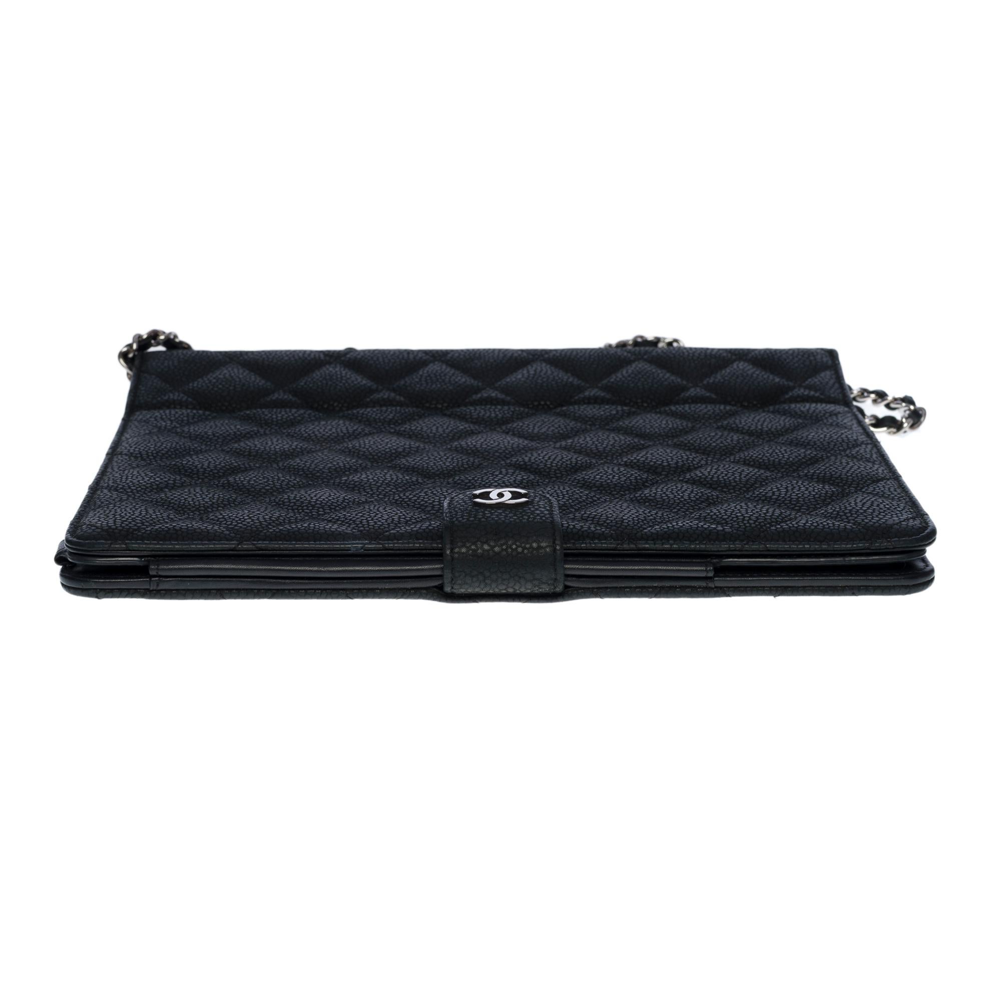 Rare Chanel Ipad/Tablet pouch in black mattified caviar leather, SHW 1