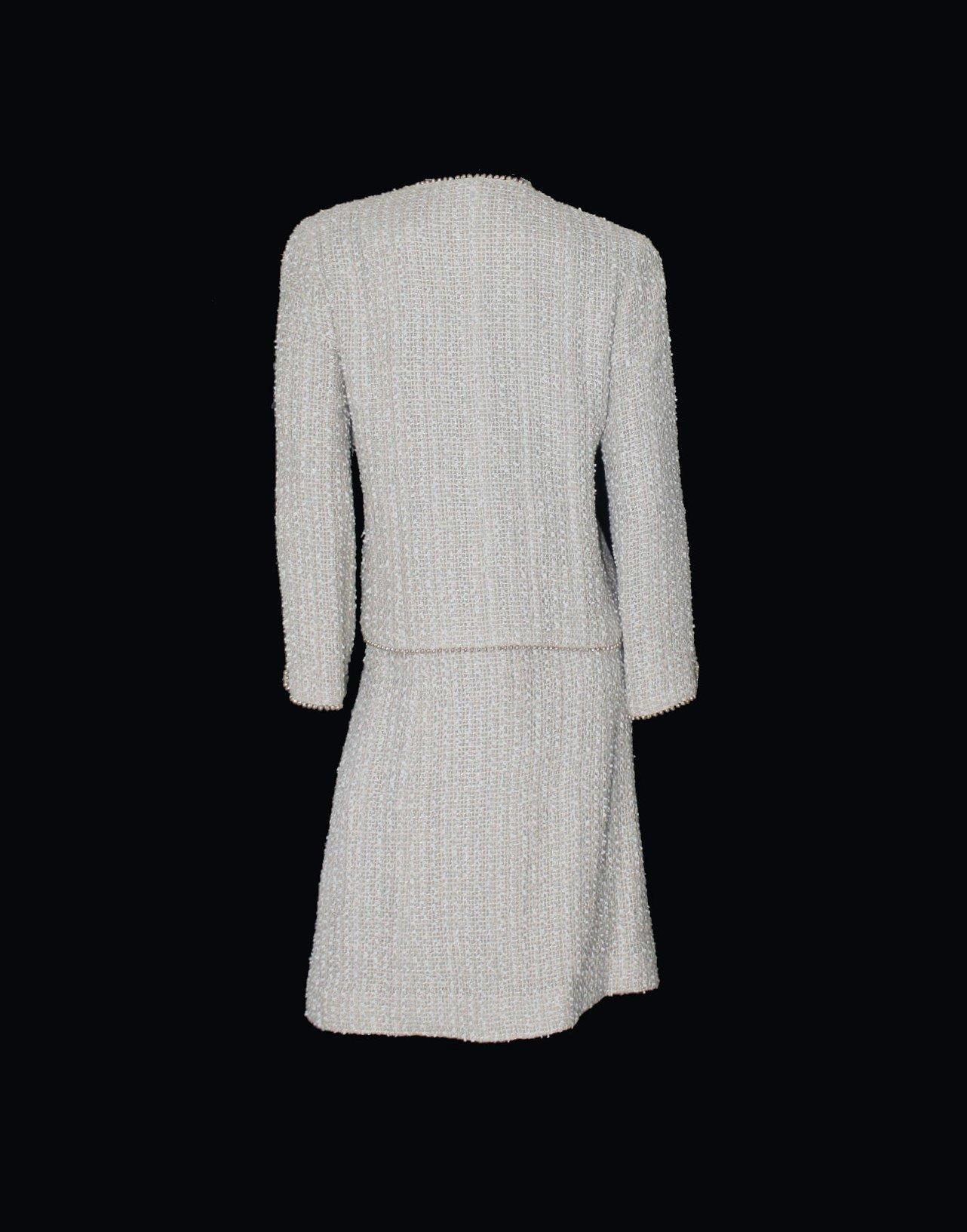 Gray CHANEL Rare Ivory Fantasy Tweed Skirt Suit with Pearl Trimming Details 38