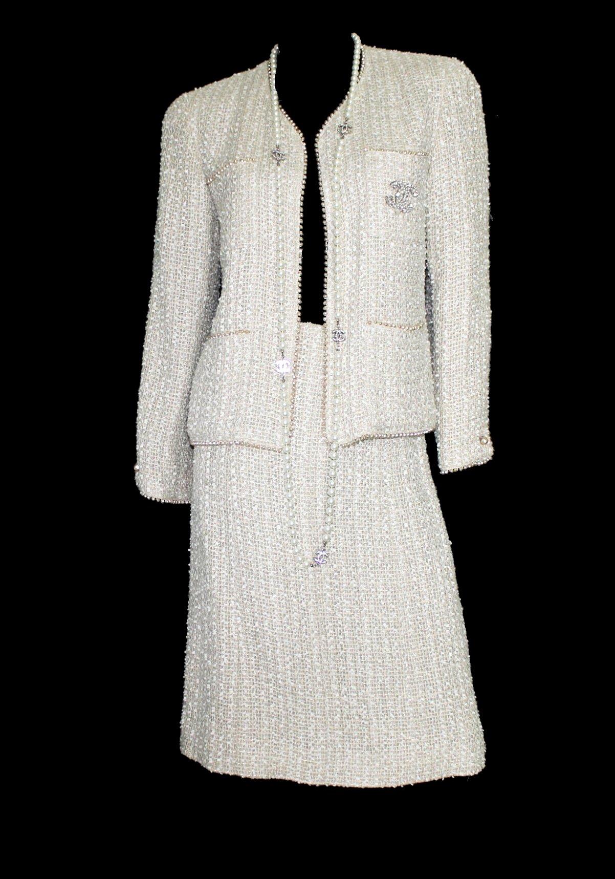 Women's CHANEL Rare Ivory Fantasy Tweed Skirt Suit with Pearl Trimming Details 38