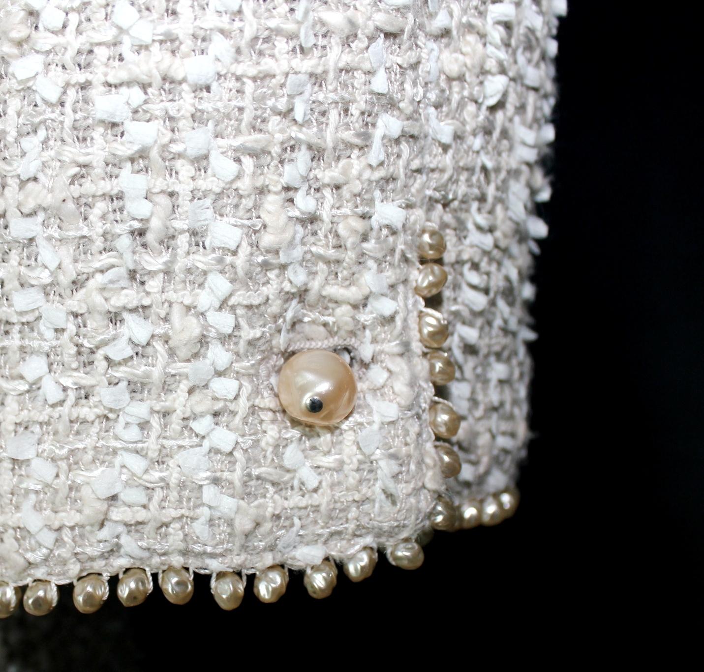 CHANEL Rare Ivory Fantasy Tweed Skirt Suit with Pearl Trimming Details 38 1