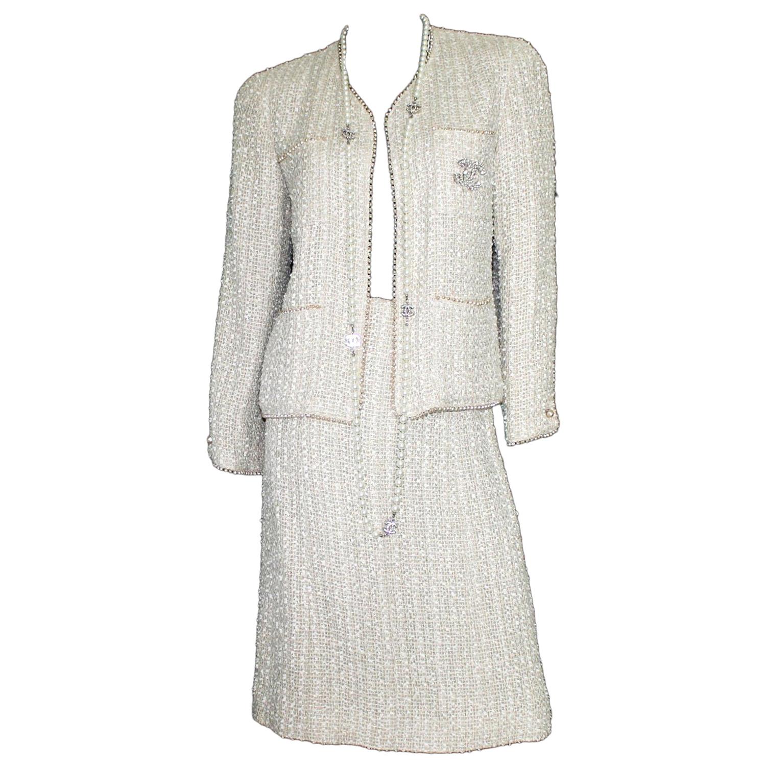 Chanel Rare Ivory Fantasy Tweed Skirt Suit with Pearl Trimming Details 38