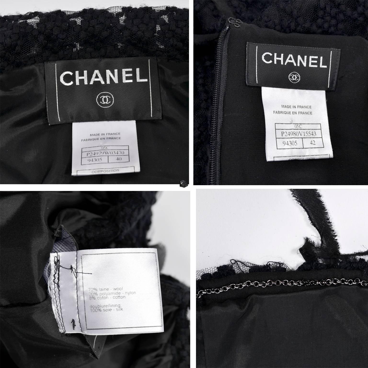 Chanel Jacket and Skirt Suit in Black Wool Tweed and Mesh With Ribbon Trim  8