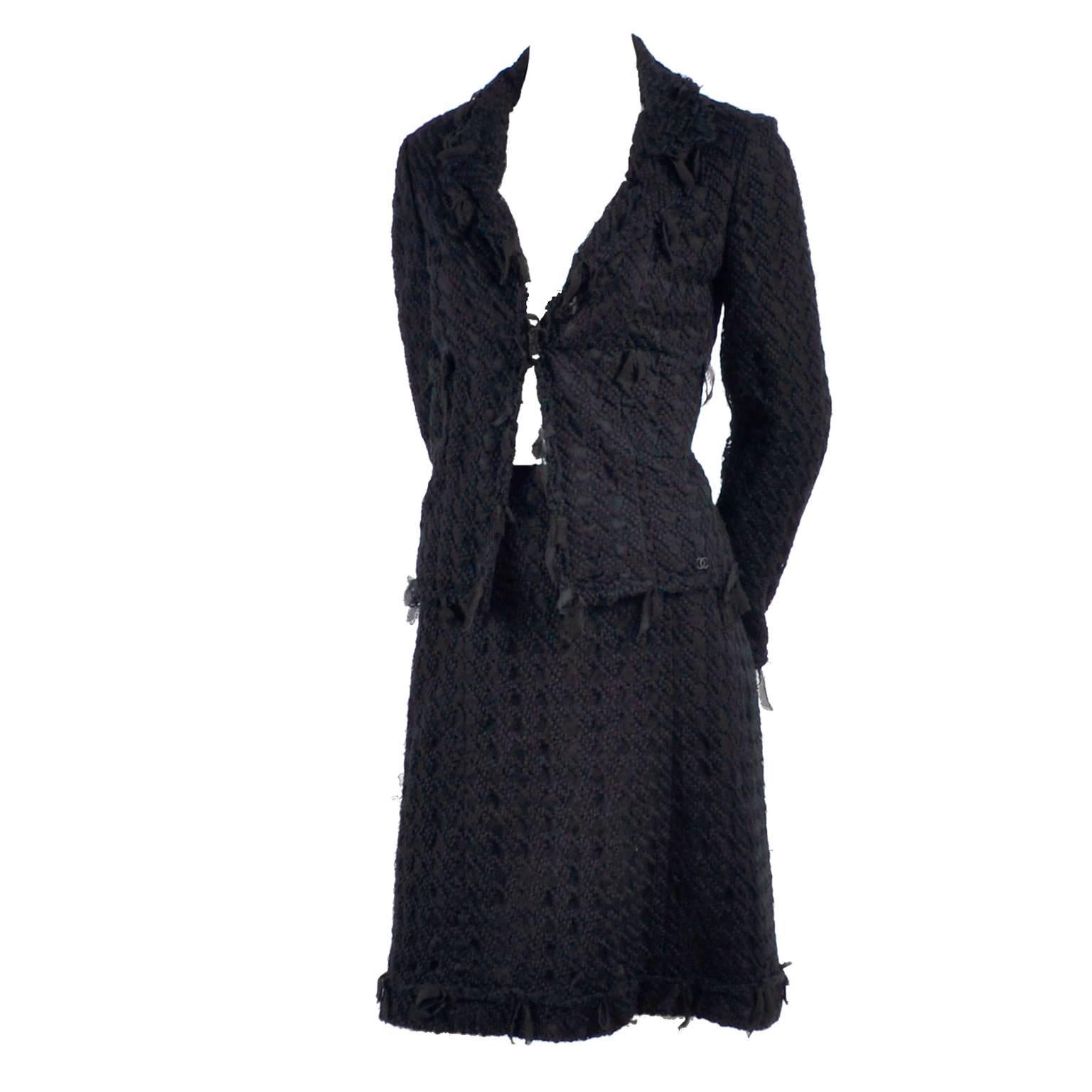 Chanel Jacket and Skirt Suit in Black Wool Tweed and Mesh With Ribbon Trim 
