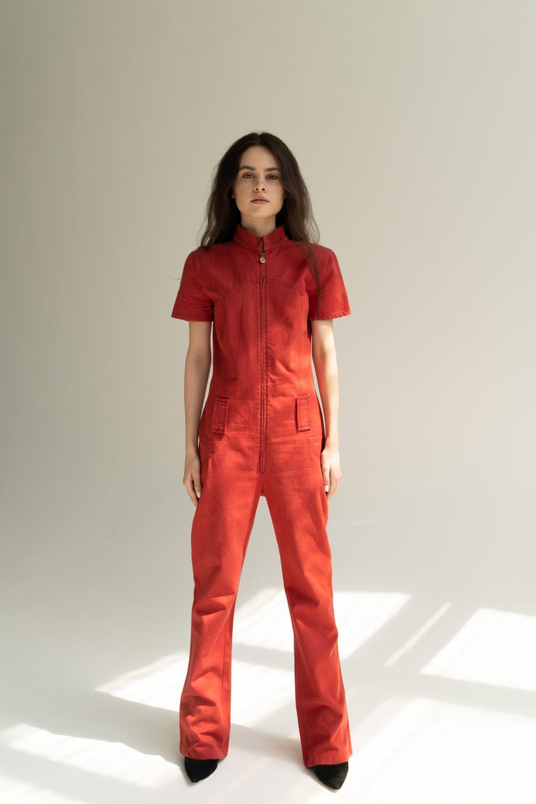 Rare! CHANEL Karl Lagerfeld 01P Spring/Summer RTW 2001 red Denim Jumpsuit