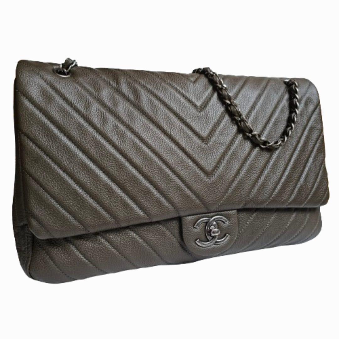 Rare Chanel Khaki Chevron Quilted XXL Flap Bag For Sale 6