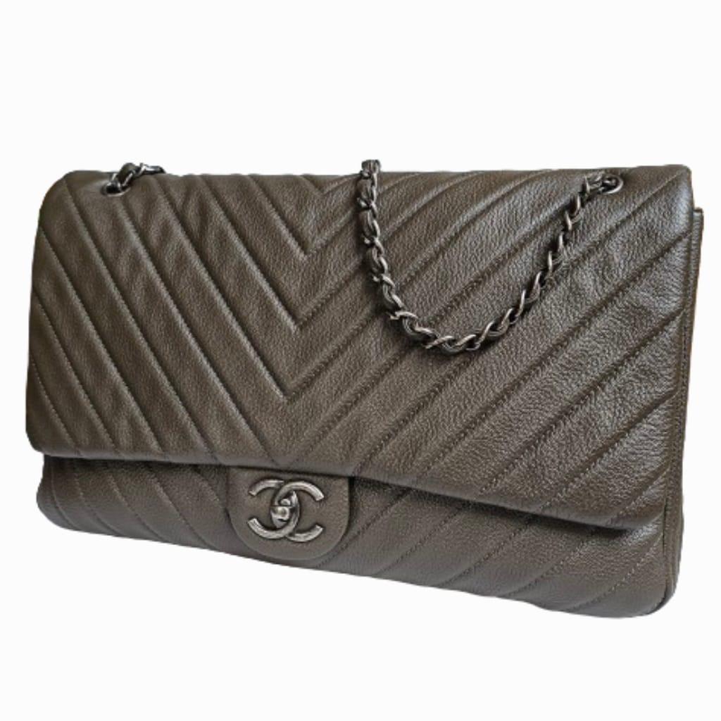 Rare Chanel Khaki Chevron Quilted XXL Flap Bag For Sale 7
