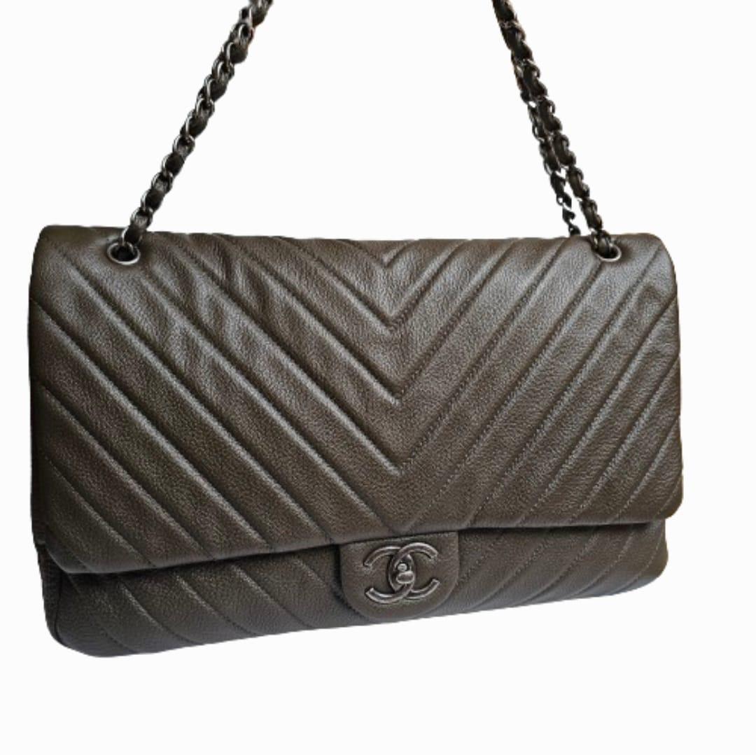 Rare Chanel Khaki Chevron Quilted XXL Flap Bag For Sale 8