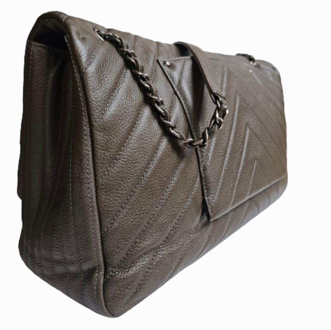 Rare Chanel Khaki Chevron Quilted XXL Flap Bag For Sale 12