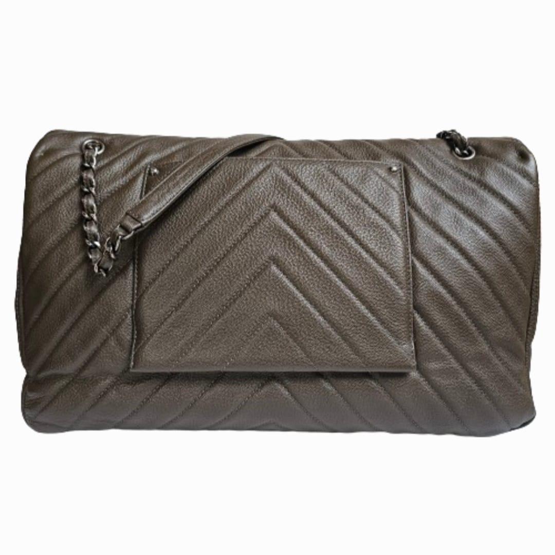 Rare Chanel Khaki Chevron Quilted XXL Flap Bag For Sale 13