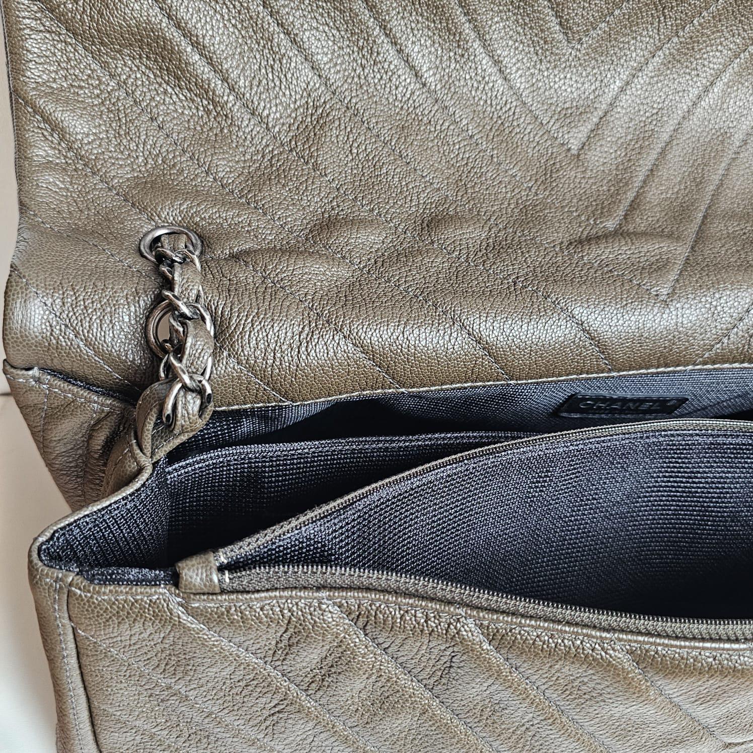 Black Rare Chanel Khaki Chevron Quilted XXL Flap Bag For Sale