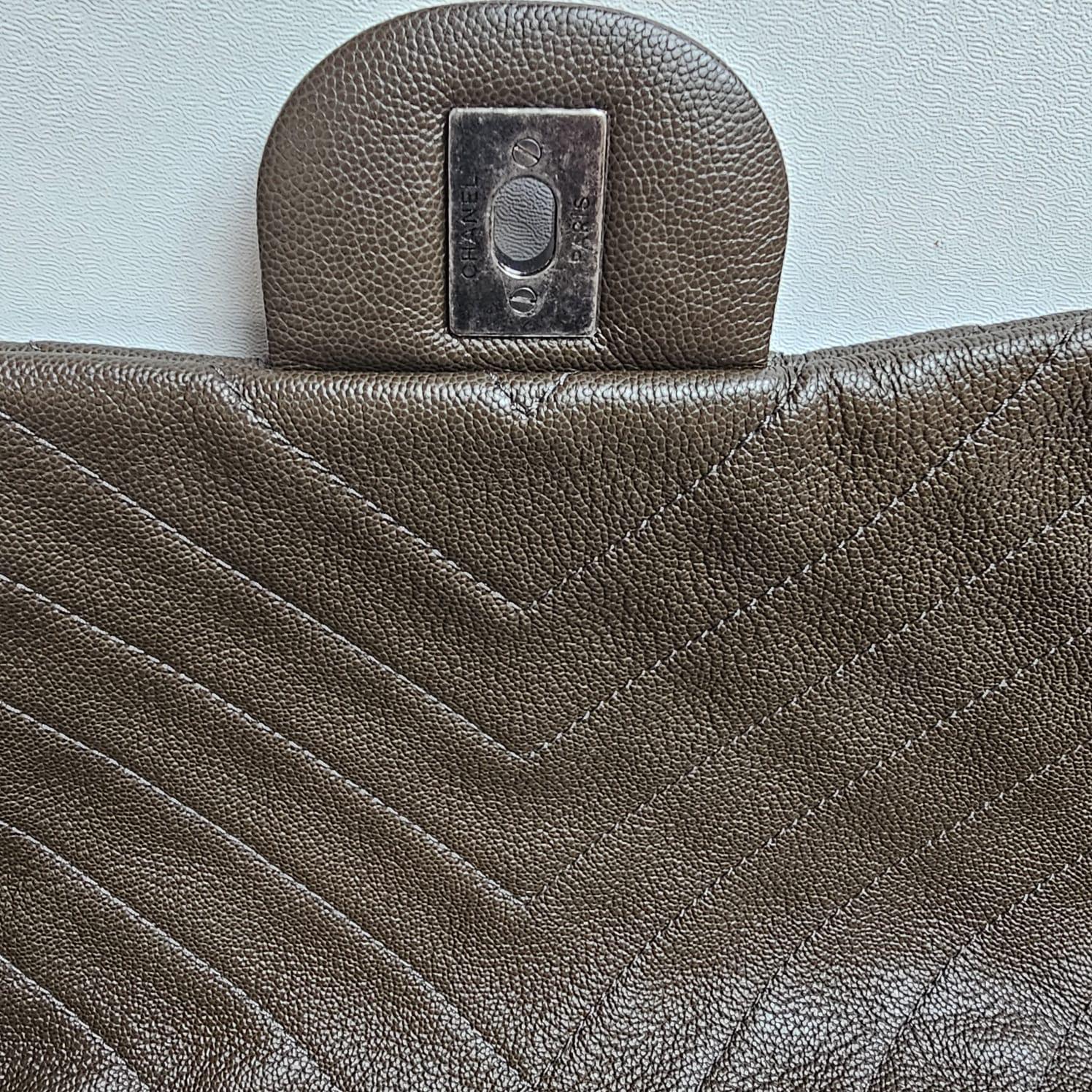 Rare Chanel Khaki Chevron Quilted XXL Flap Bag For Sale 1