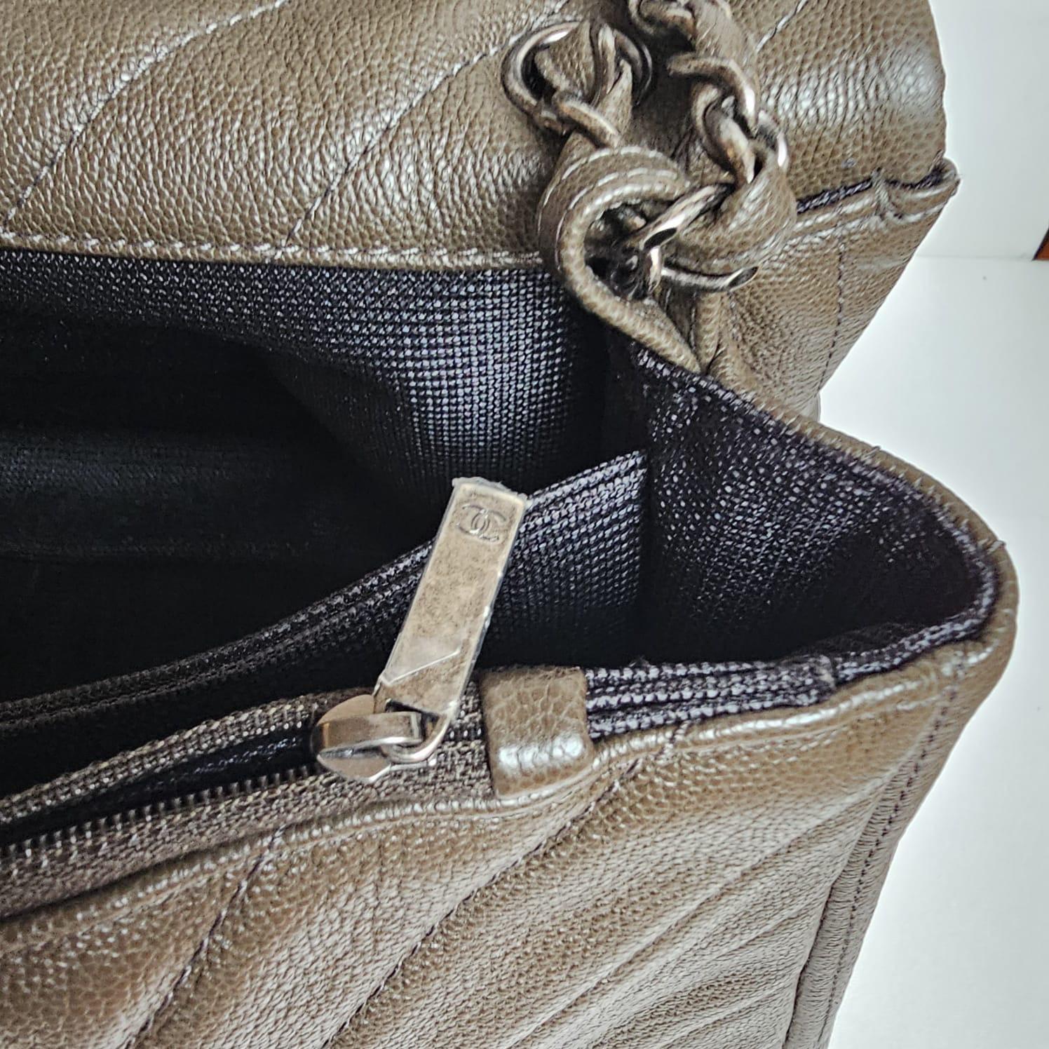 Rare Chanel Khaki Chevron Quilted XXL Flap Bag For Sale 3