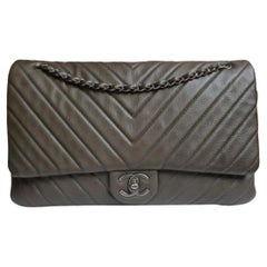 Rare Chanel Khaki Chevron Quilted XXL Flap Bag