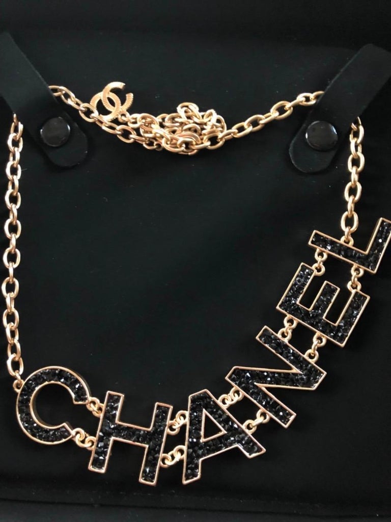Rare CHANEL Logo Gold Black Crystal Strass Statement Choker Necklace at  1stDibs