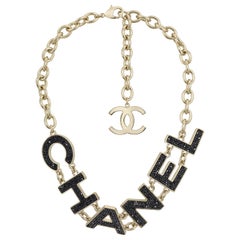Rare CHANEL Logo Gold Black Crystal Strass Statement Choker Necklace