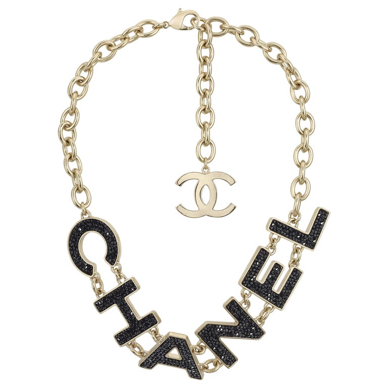 Rare CHANEL Logo Gold Black Crystal Strass Statement Choker Necklace at  1stDibs