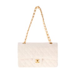 Rare Chanel "Mademoiselle" handbag in white linen, gold hardware !