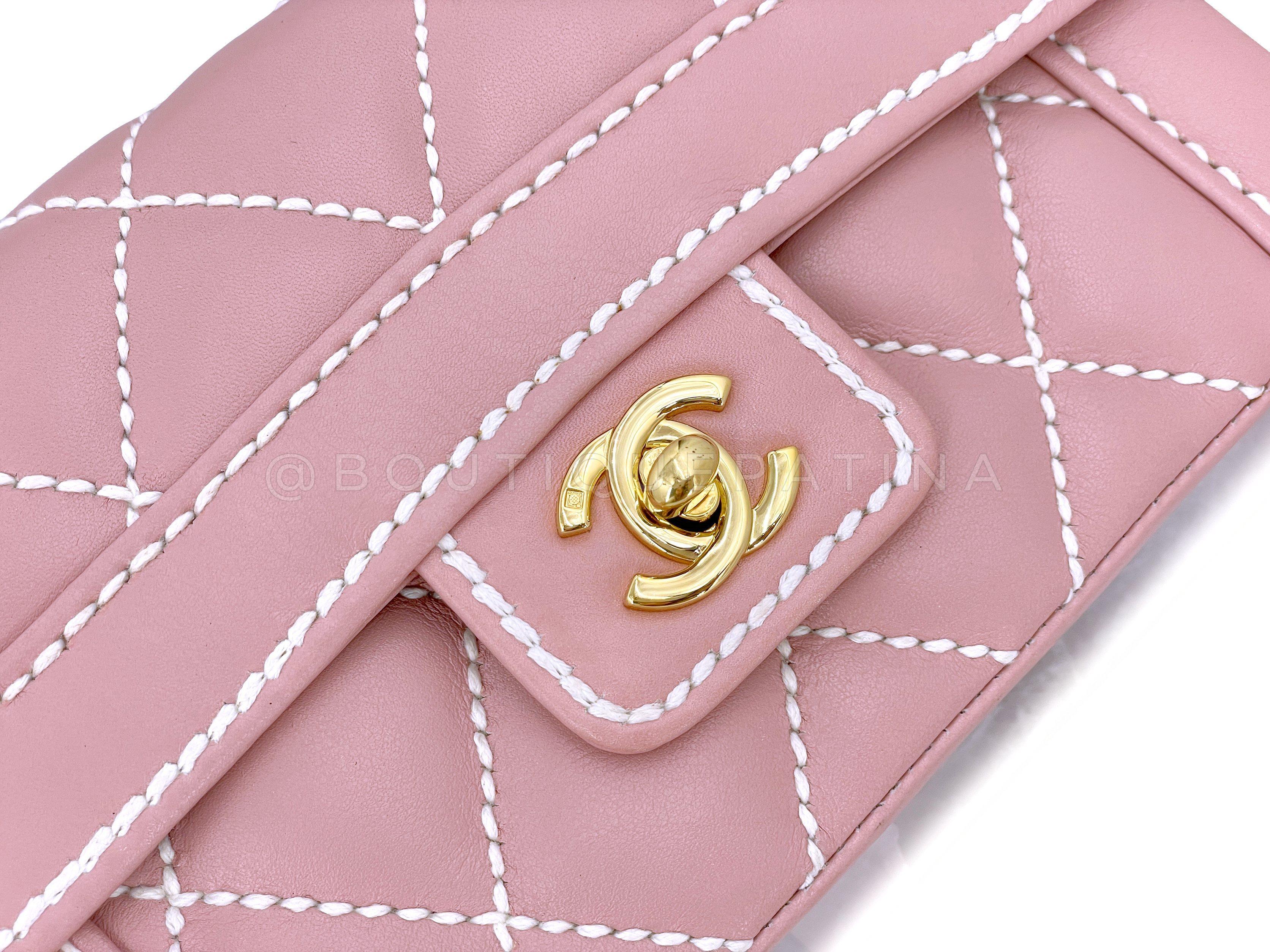 Rare Chanel Mauve Pink Wild Stitch Surpique Baby Flap Bag 66463 For Sale 2