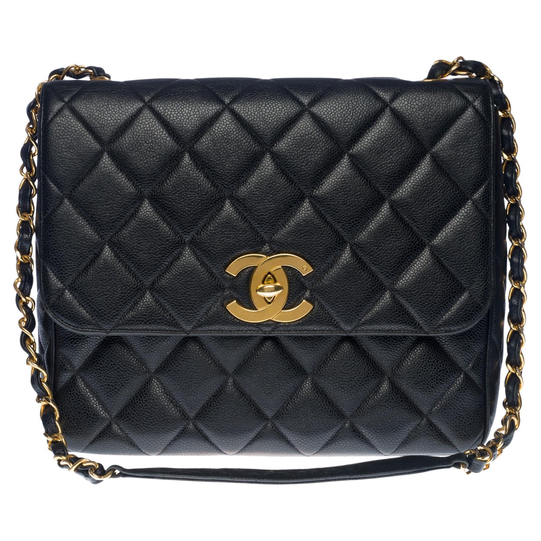 Rare Chanel Maxi shoulder flap bag in black caviar quilted leather, GHW