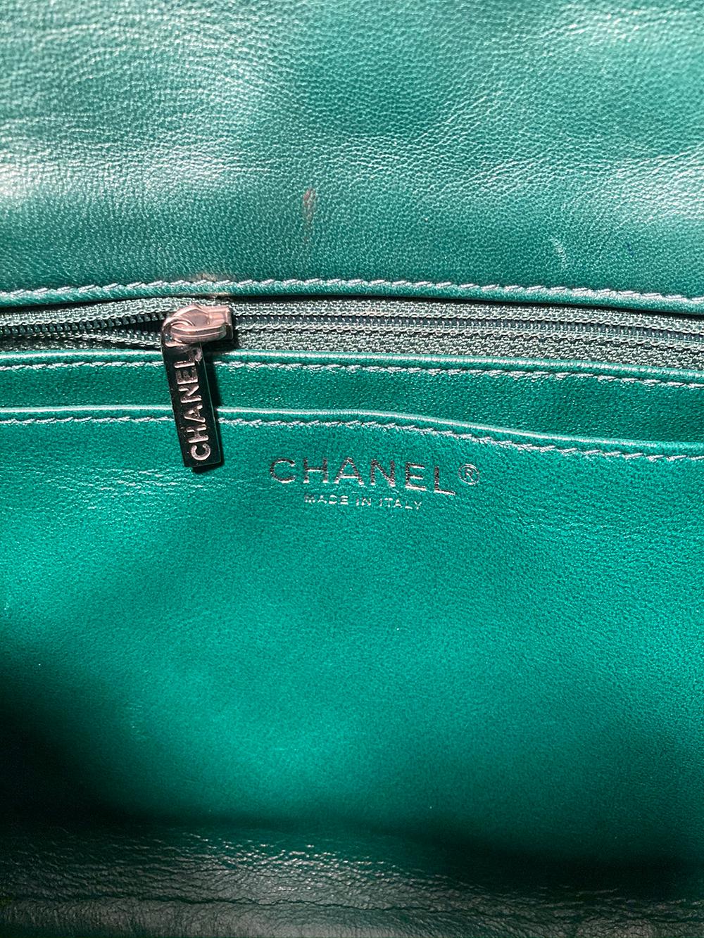 RARE Chanel Metallic Green Patent Leather Jumbo Classic Flap  For Sale 2
