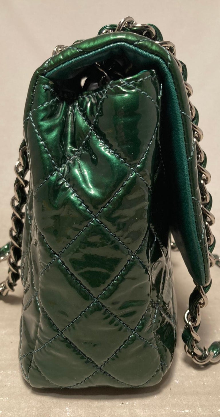 RARE Chanel Metallic Green Patent Leather Jumbo Classic Flap For Sale at  1stDibs