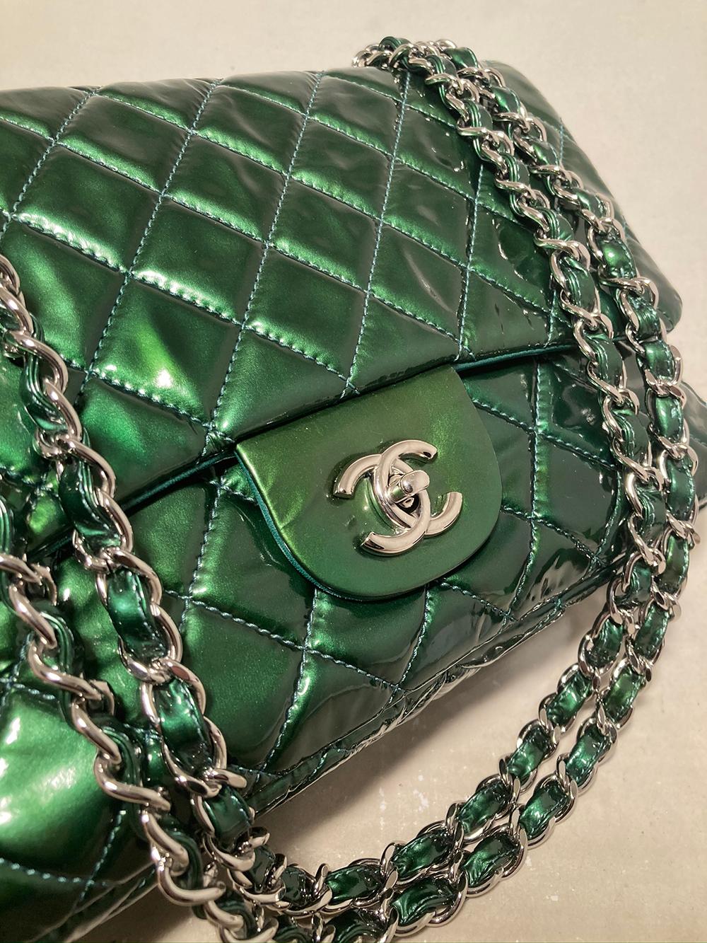 Black RARE Chanel Metallic Green Patent Leather Jumbo Classic Flap  For Sale