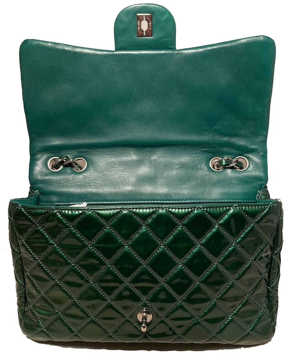 Women's RARE Chanel Metallic Green Patent Leather Jumbo Classic Flap  For Sale