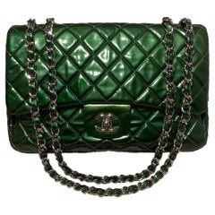 RARE Chanel Metallic Green Patent Leather Jumbo Classic Flap 