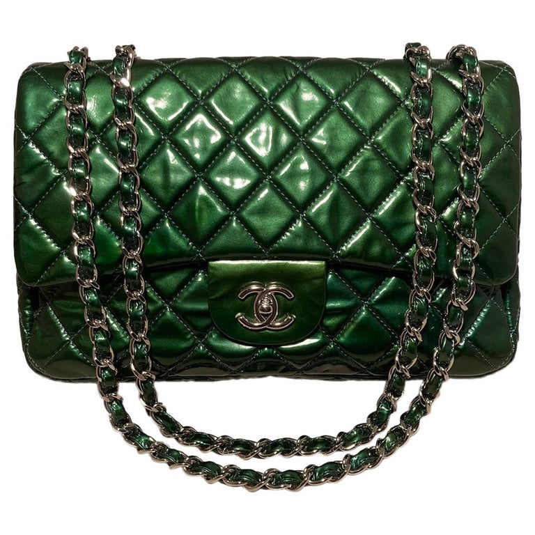 RARE Chanel Metallic Green Patent Leather Jumbo Classic Flap For