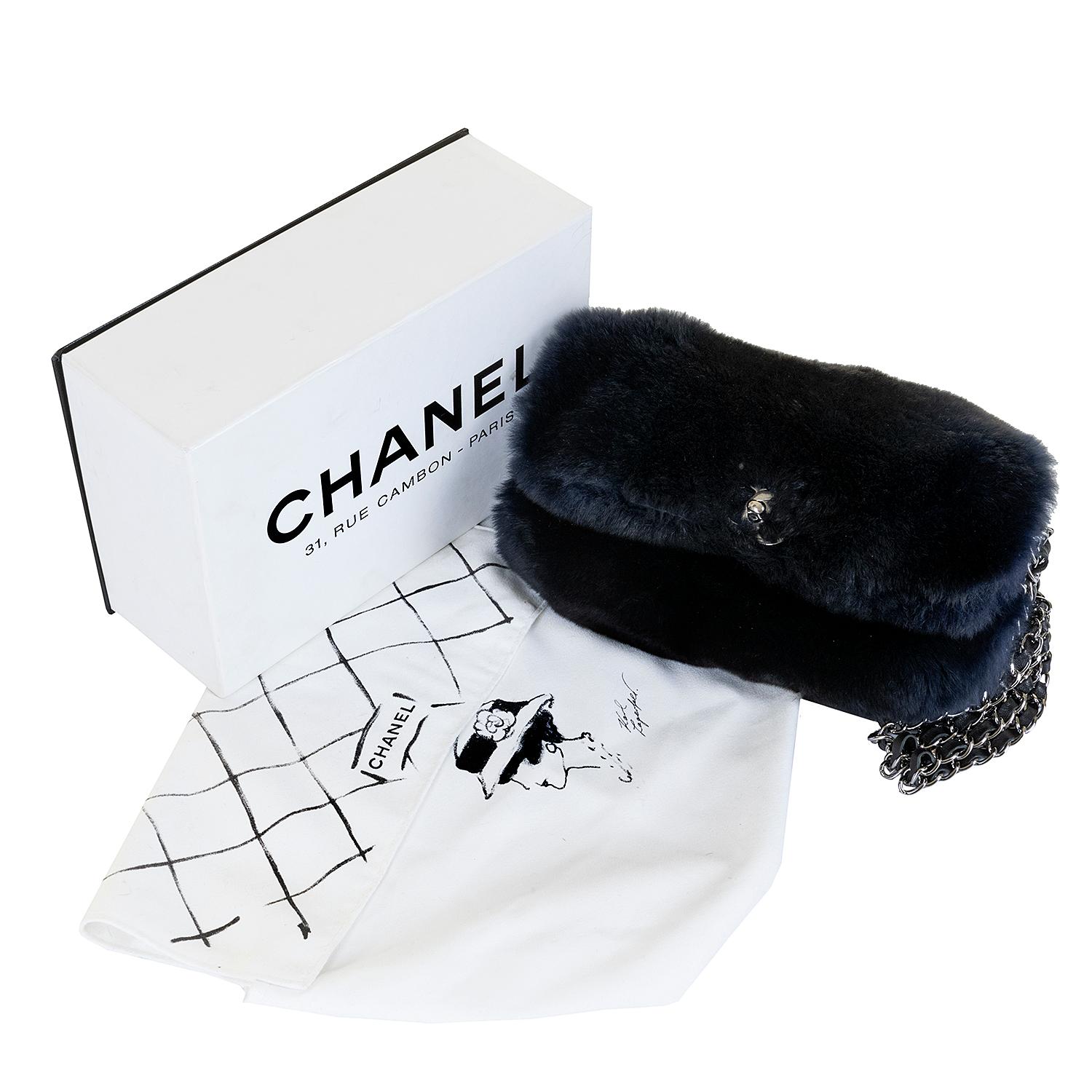 Women's Rare Chanel Midnight Blue 'Orylag' Fur Evening Bag with Triple Shoulder Straps  For Sale