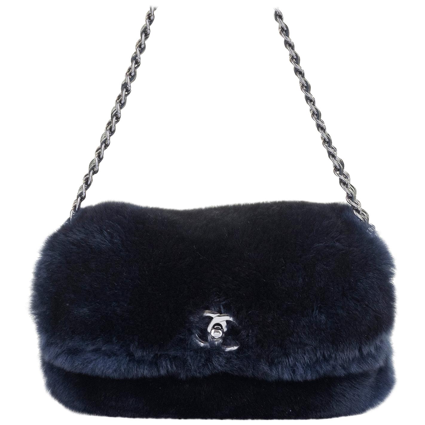 Rare Chanel Midnight Blue 'Orylag' Fur Evening Bag with Triple Shoulder Straps  For Sale