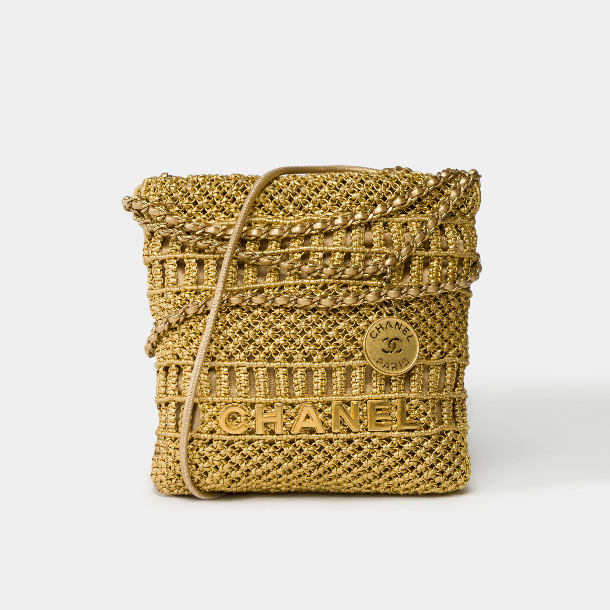 Brown Rare Chanel Mini 22 Métier d'art crossbody bag in metallic gold leather, GHW For Sale