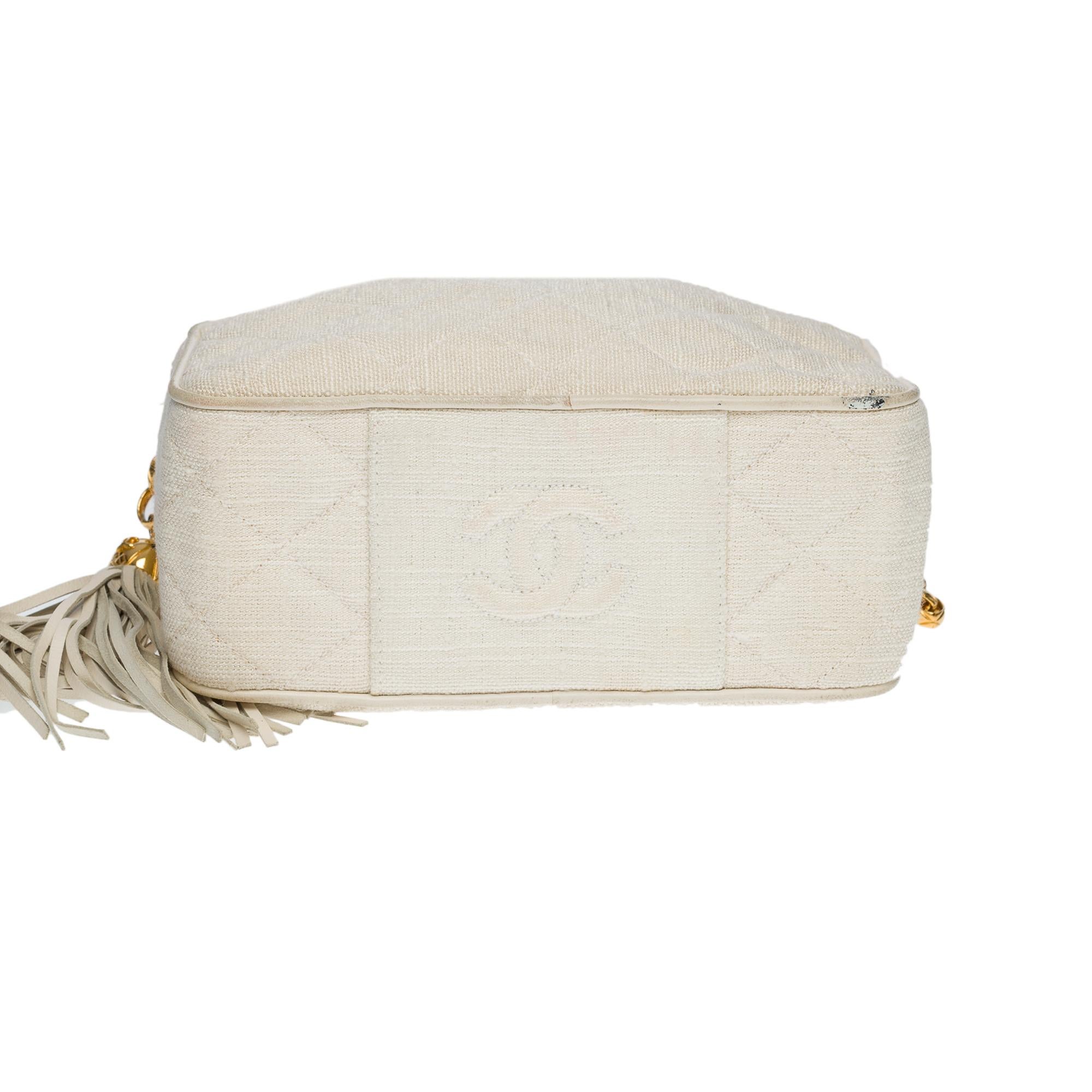 Rare Chanel Mini Camera shoulder bag in ecru quilted linen, GHW 1