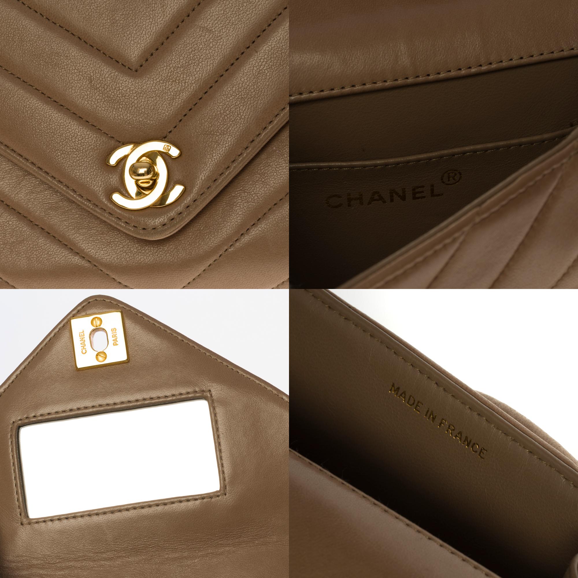 Brown Rare Chanel Mini Flap bag with herringbone pattern in taupe lambskin leather, GHW