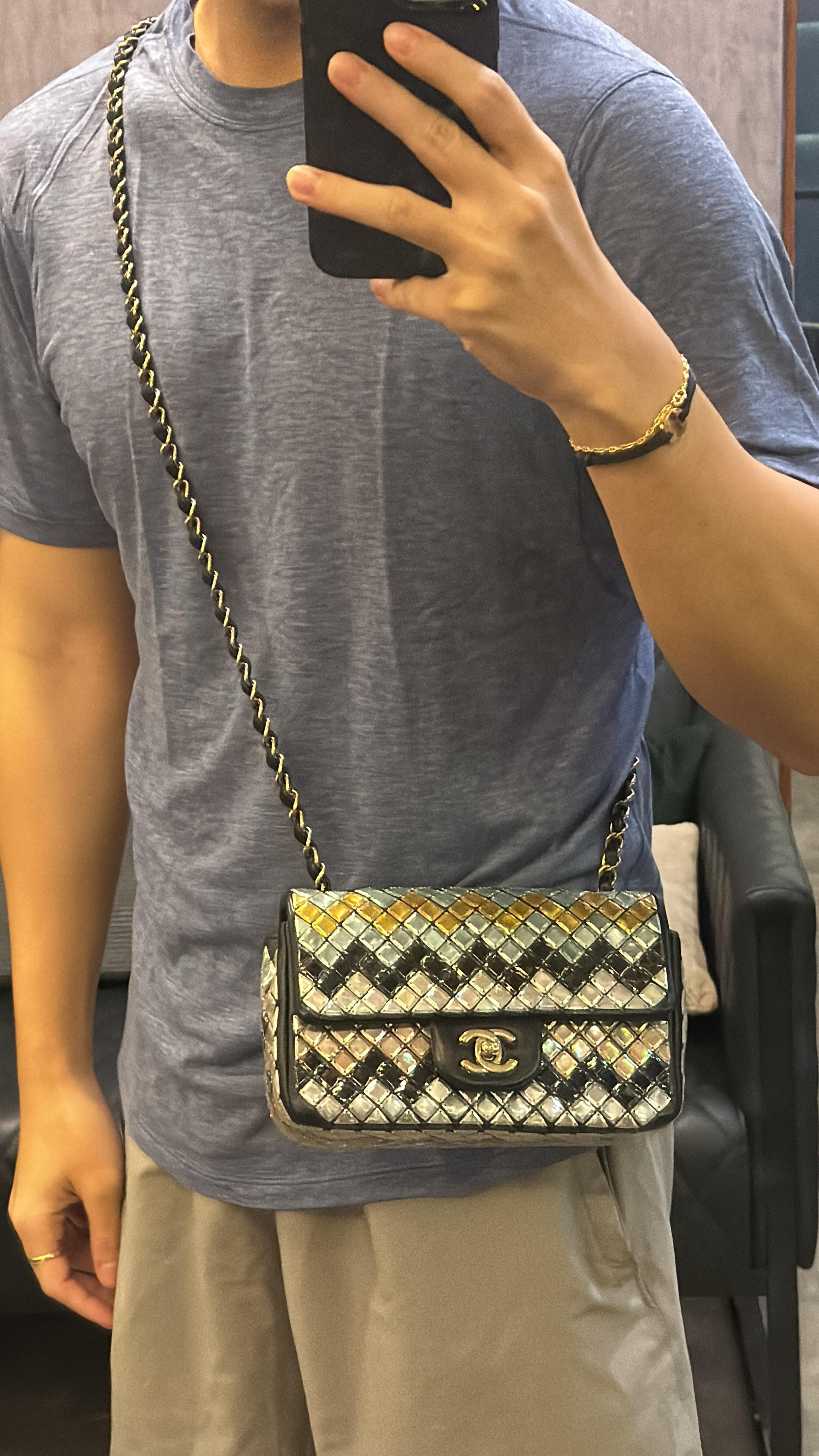 Beautiful Chanel Mosaique Mini rectangle flap bag. Gorgeous colorway. Overall still in good condition, with minor marks on the mosaique tile details, but not significant. Series #21. Comes with its holo intact and dust bag only.