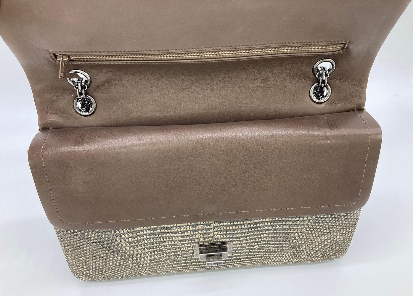 Chanel Natural Lizard Double Flap Classic 227 Reissue in excellent condition. Natural beige lizard trimmed with antiqued ruthenium hardware. signature reissue mademoiselle twist lock closure opens via double flap to a brown lambskin interior with 2