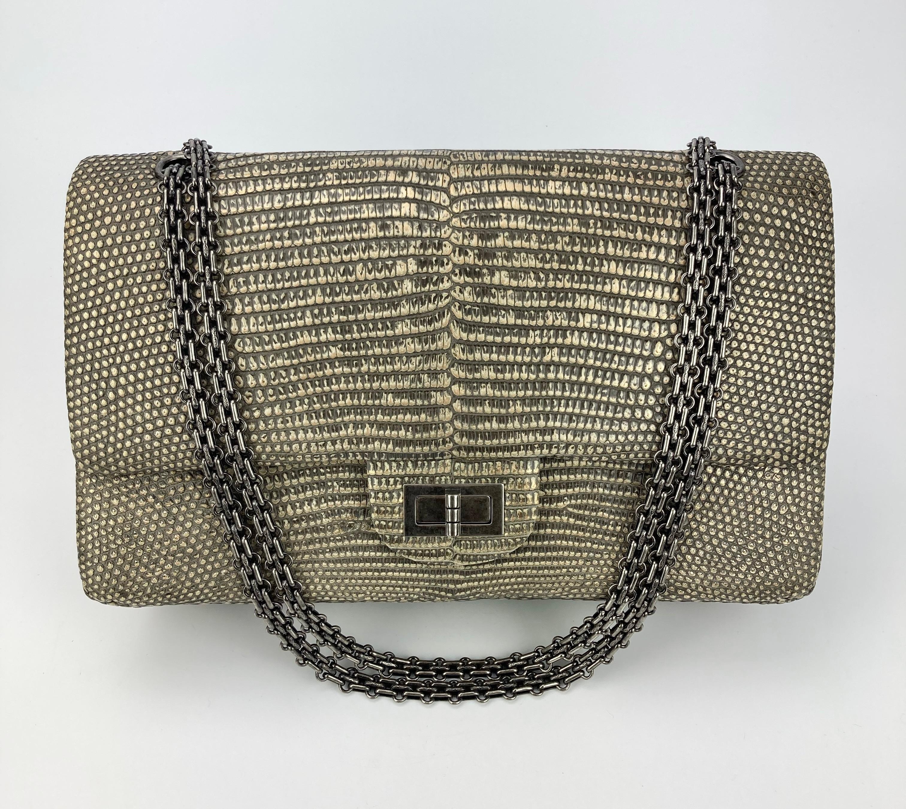 Chanel Rare sac à double rabat classique 227 en lézard naturel, réédition 1