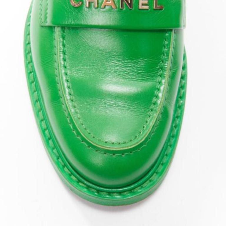 rare CHANEL PHARRELL green leather logo embellished slip on loafer flats EU37.5 1