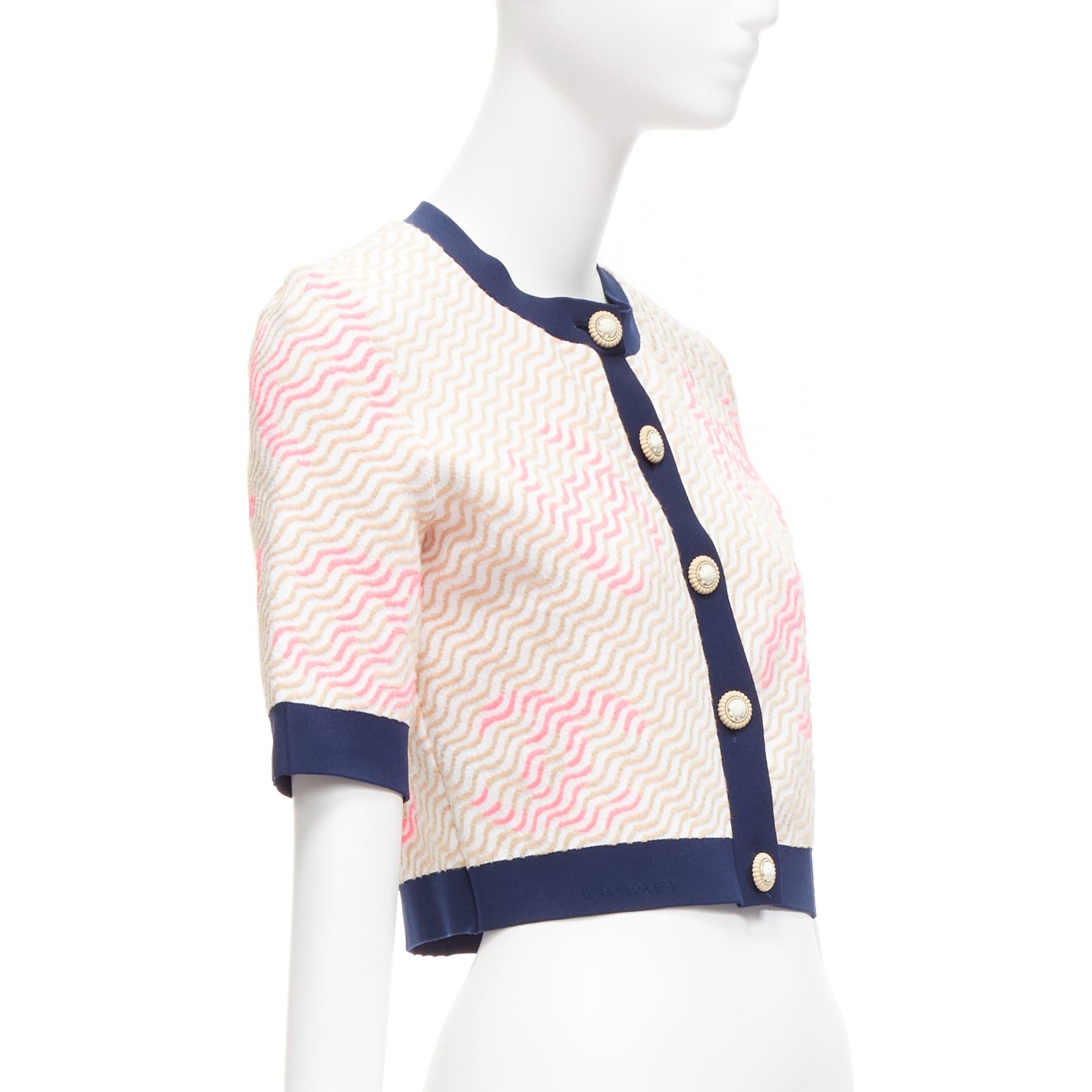 Women's rare CHANEL pink applique logo twirl seashell button cropped cardigan FR38 M For Sale